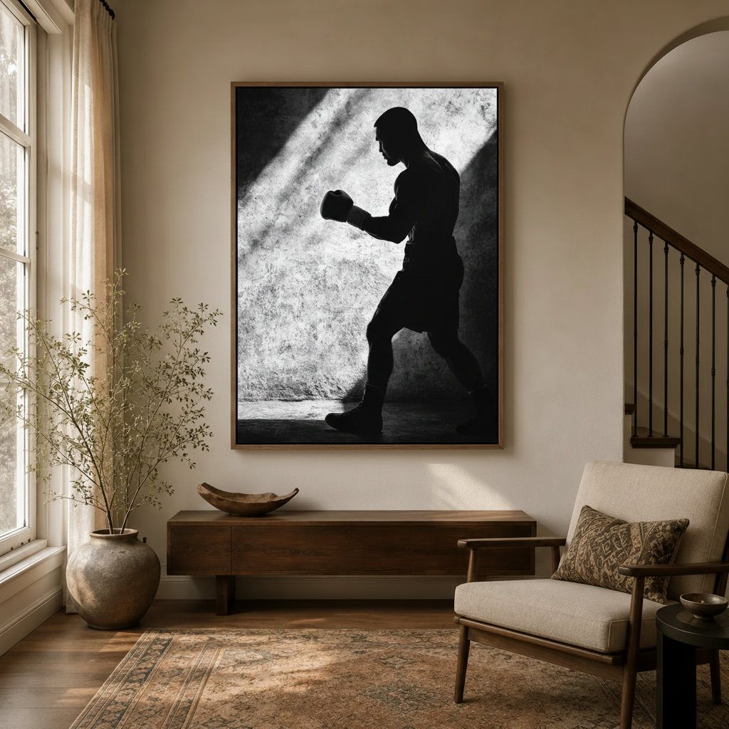 Dramatic boxer wall art in dark walnut float frame hanging in modern entryway