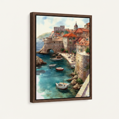 Mediterranean harbor framed canvas wall art – impressionist oil painting with boats in turquoise bay and terracotta village climbing hillside by Aurewall