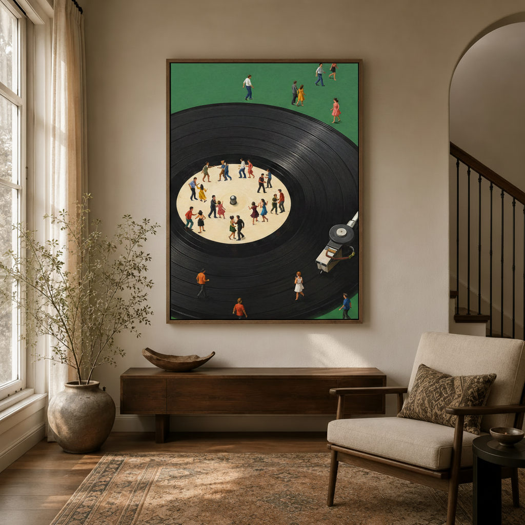 Music-themed dancing figures vinyl record wall art hanging in modern farmhouse entryway with arched doorway