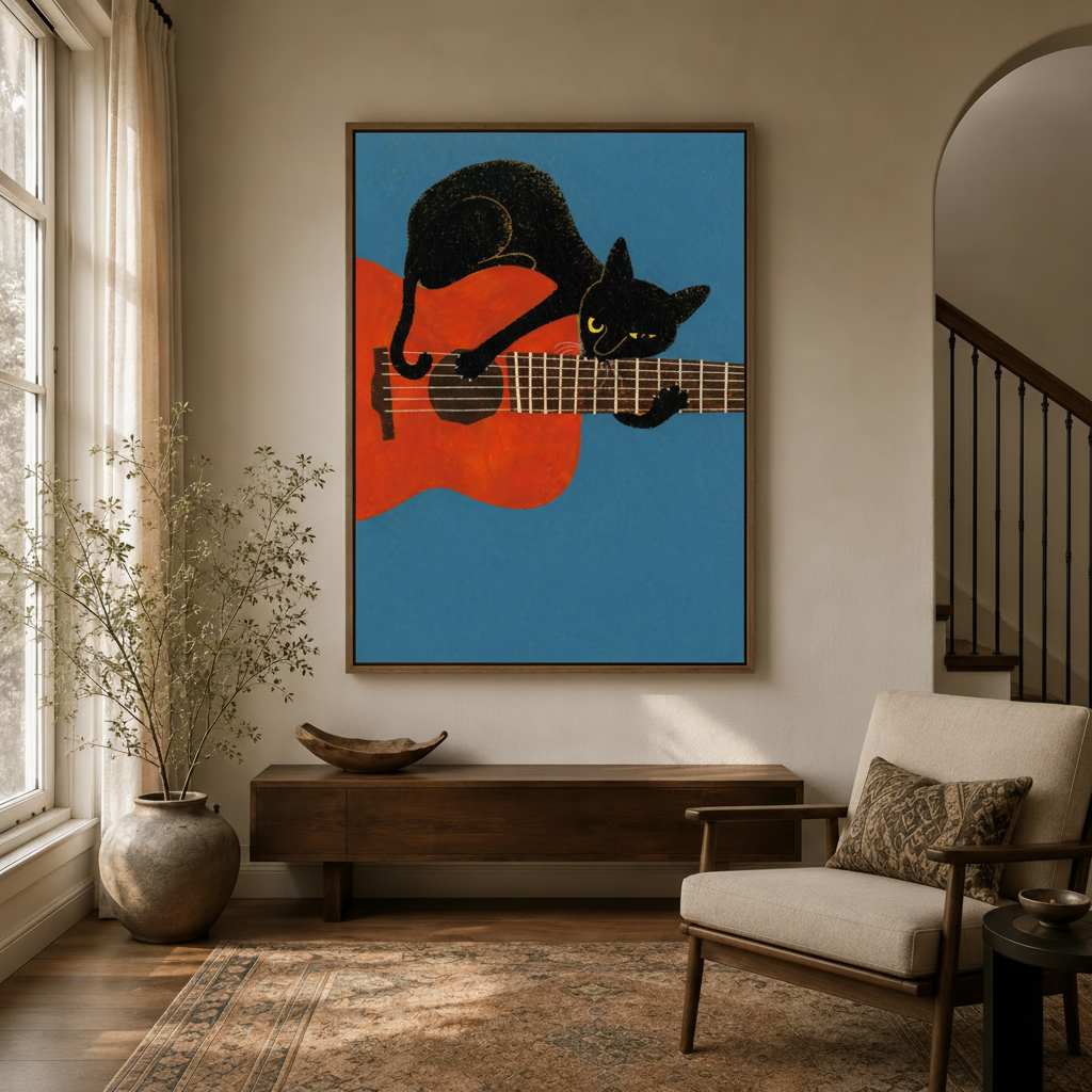 Retro mid-century cat and guitar framed print hanging in a neutral entryway hallway