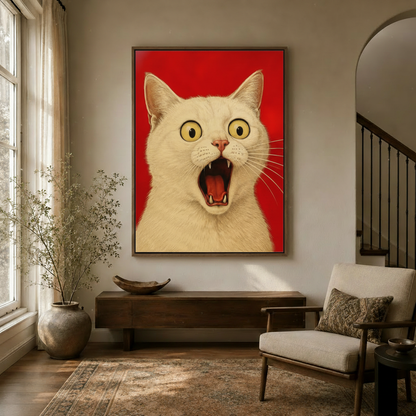 Funny cat wall art in dark walnut float frame hanging in cozy entryway with arched doorway and dried branches