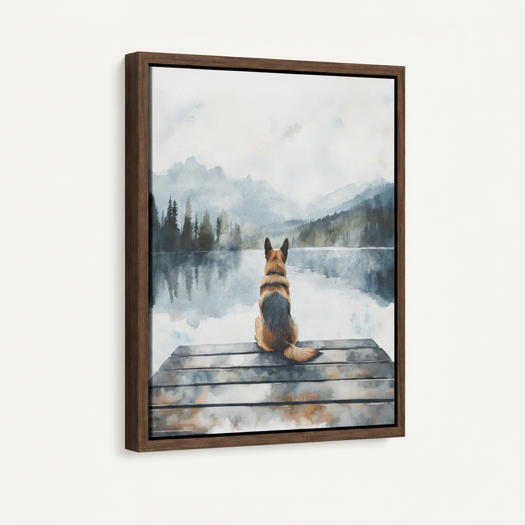 Framed float canvas print of German Shepherd watercolor, dark walnut frame, clean product mockup