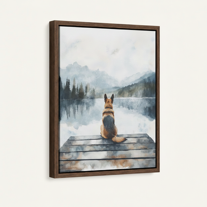 Framed float canvas print of German Shepherd watercolor, dark walnut frame, clean product mockup