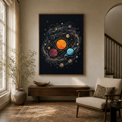 Colorful planet orbit illustration framed canvas in neutral entryway with arched doorway
