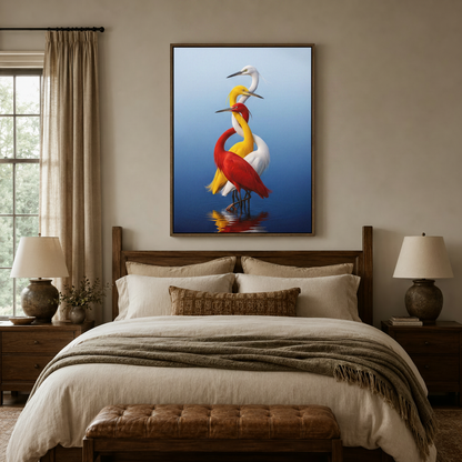 Vibrant red yellow white heron canvas art above bedroom headboard in warm neutral room