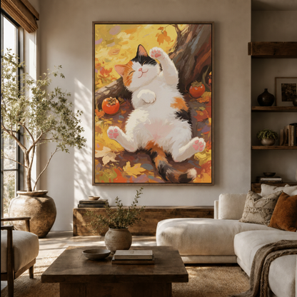 Chubby cat autumn canvas wall art in living room – cozy kawaii illustration with round white cat in fall leaves displayed above sofa by Aurewall