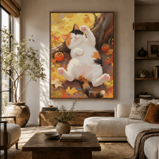 Chubby cat autumn canvas wall art in living room – cozy kawaii illustration with round white cat in fall leaves displayed above sofa by Aurewall