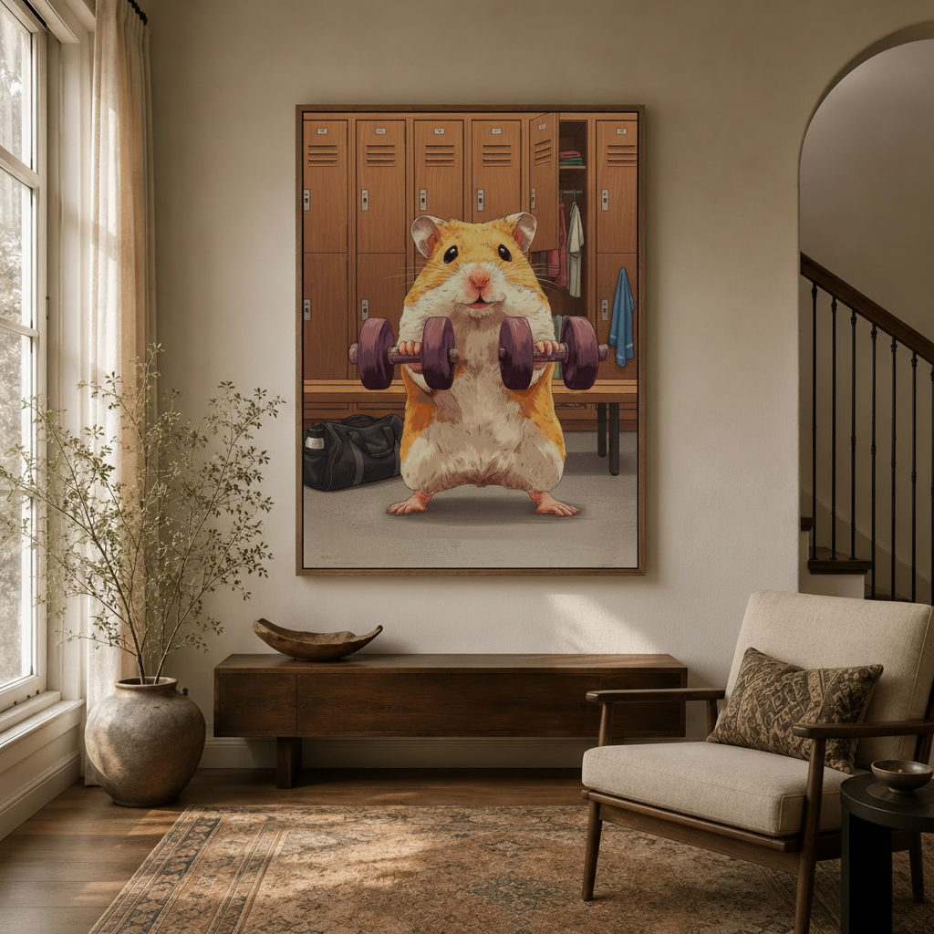 Hamster dumbbell illustration wall art hanging in neutral entryway with arched doorway