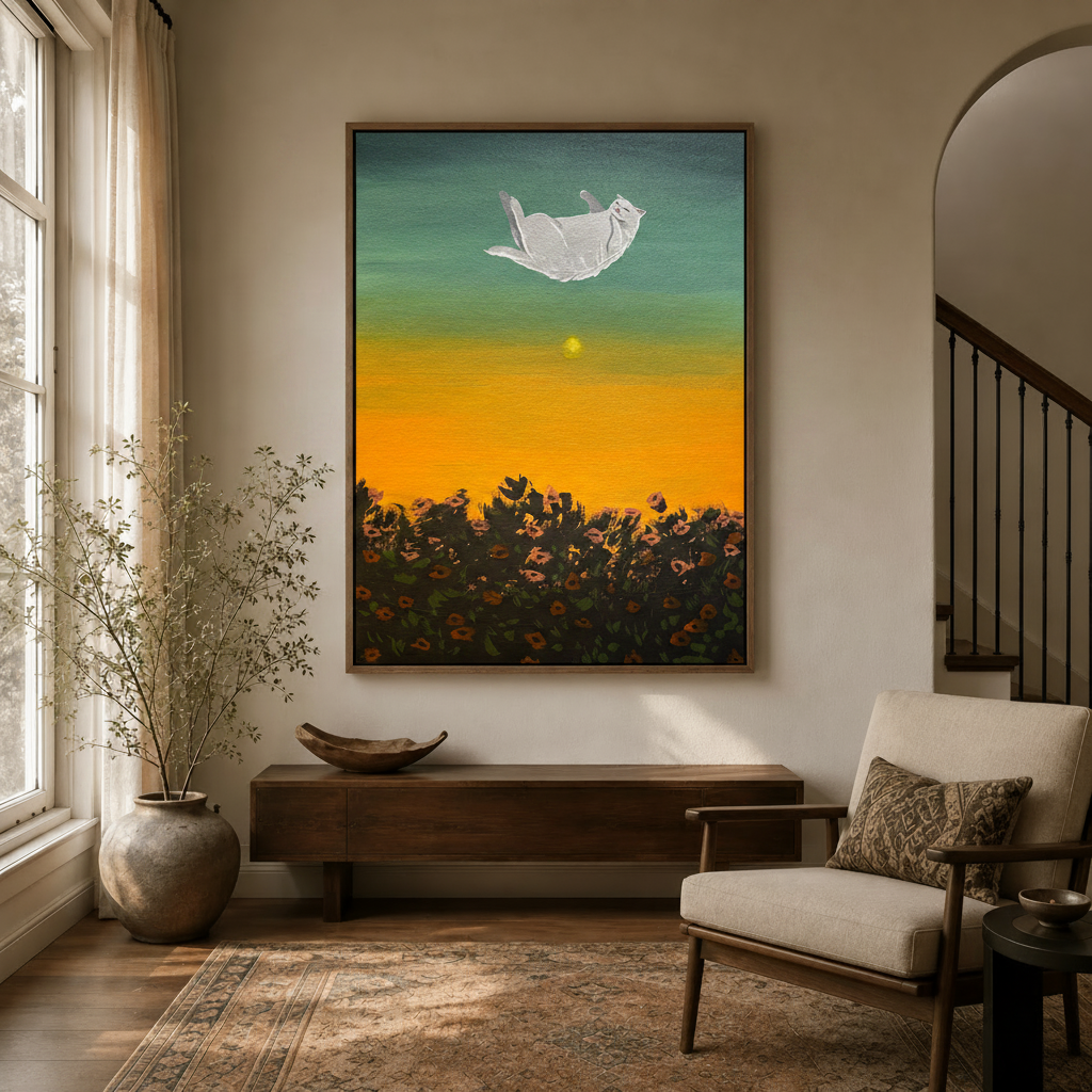Surrealist white cat floating above sunflower field canvas hanging in bright entryway with arched doorway