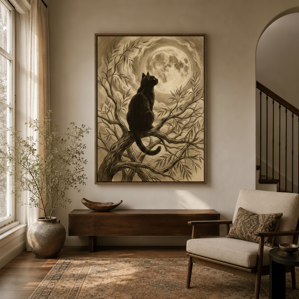 Black cat gazing at moon vintage wall art in dark walnut float frame hanging in a modern entryway
