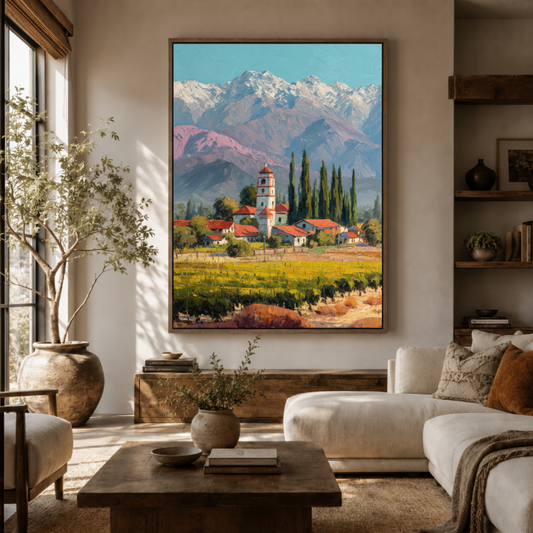 Alpine village Tuscany canvas wall art in living room – impressionist oil painting with church and cypress trees displayed above sofa by Aurewall