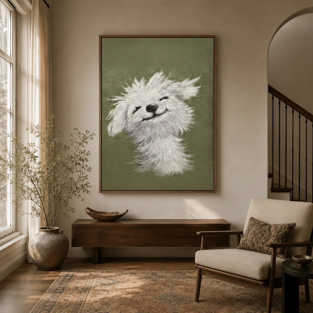 Happy smiling dog impasto canvas in float frame hanging in neutral entryway with arched doorway