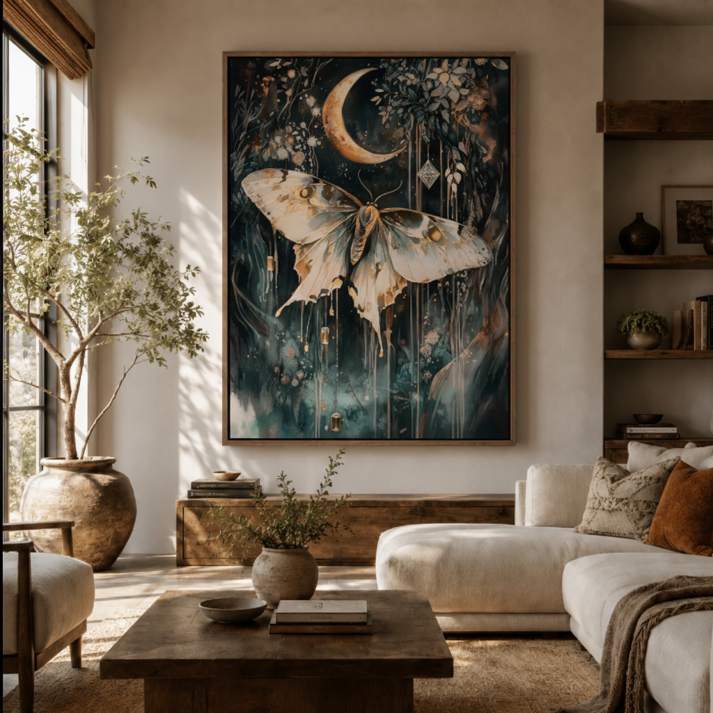 Luna moth moon canvas wall art in living room – mystical boho watercolor print displayed above sofa by Aurewall