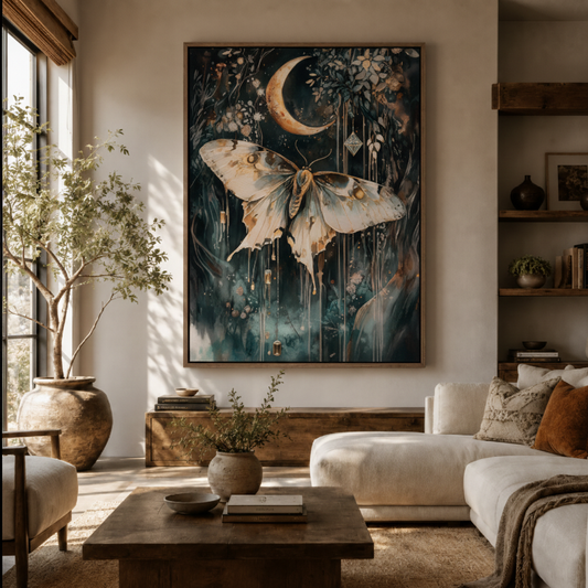 Luna moth moon canvas wall art in living room – mystical boho watercolor print displayed above sofa by Aurewall