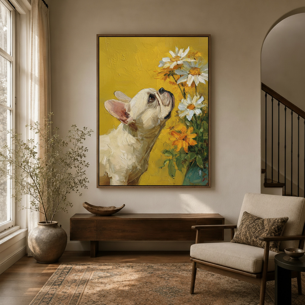 Cream French Bulldog sniffing flowers canvas print hanging in neutral entryway with arched doorway