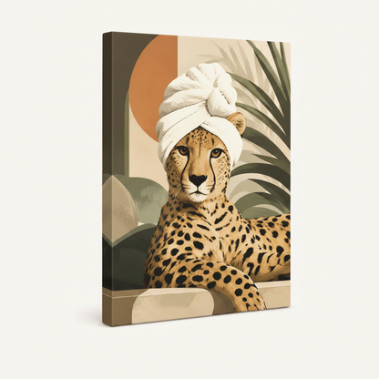 Stretched canvas side view of funny cheetah with towel turban boho animal print on white background
