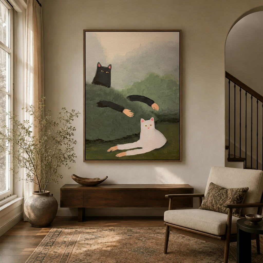 Whimsical cat painting in dark walnut float frame hung in an entryway with dark wood console table and arched doorway