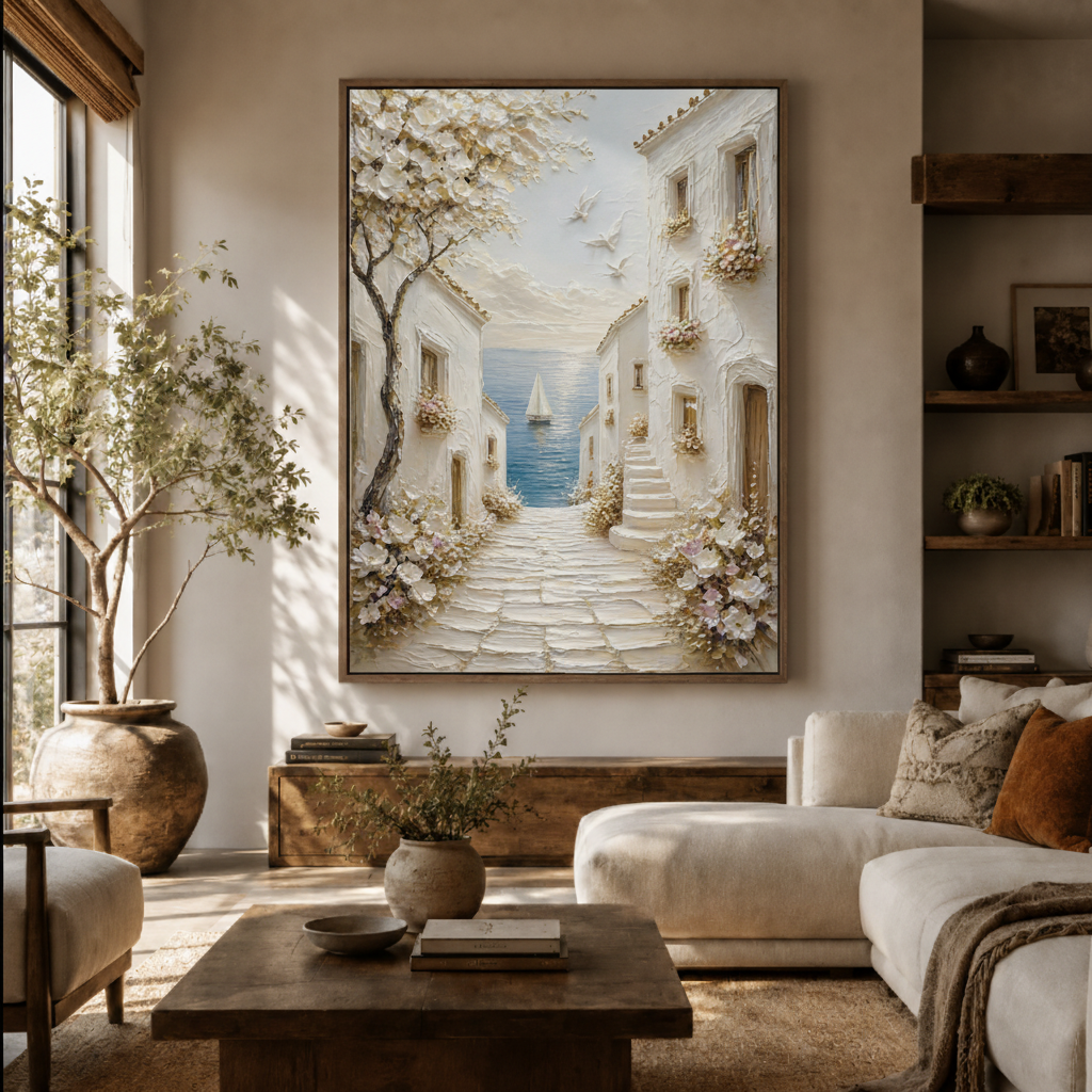Mediterranean village canvas wall art in living room – textured oil painting with stone steps and flowering trees displayed above sofa by Aurewall