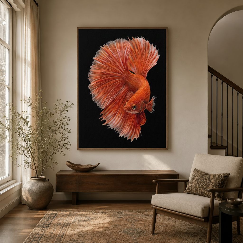 Orange betta fish framed canvas art hanging in bright entryway beside staircase