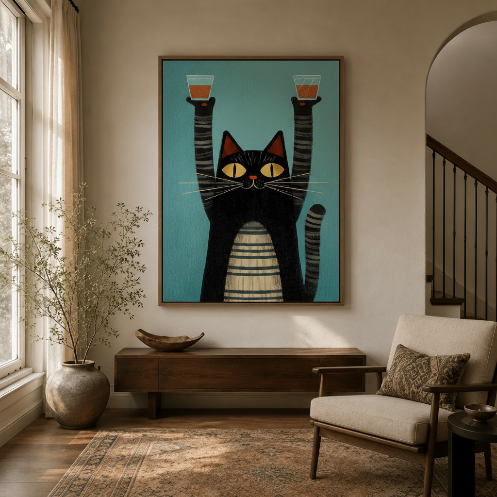 Bold mid-century cat toasting wall art in bright entryway with arched doorway and console table