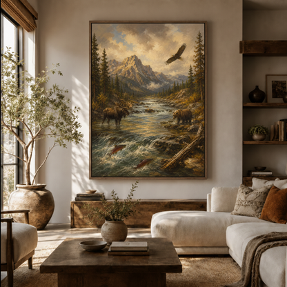 American wilderness canvas wall art in living room – classic wildlife oil painting with bear and eagle displayed above sofa by Aurewall