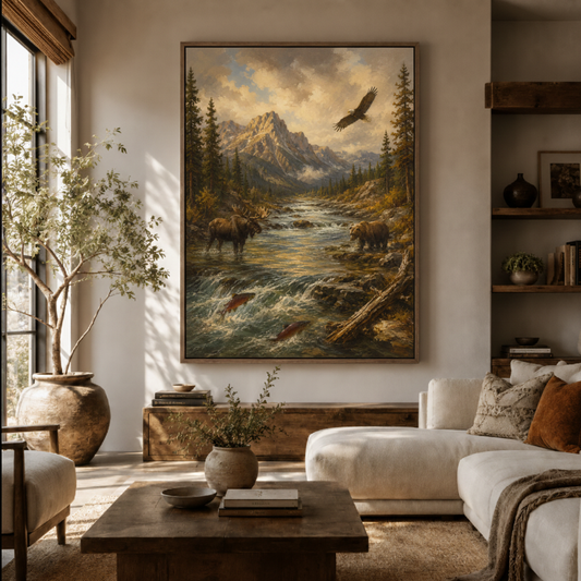 American wilderness canvas wall art in living room – classic wildlife oil painting with bear and eagle displayed above sofa by Aurewall