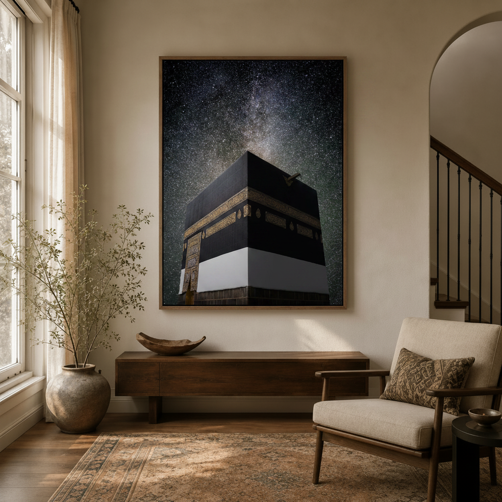 Islamic Kaaba wall art in modern entryway hallway, gold Kiswah detail, float frame canvas