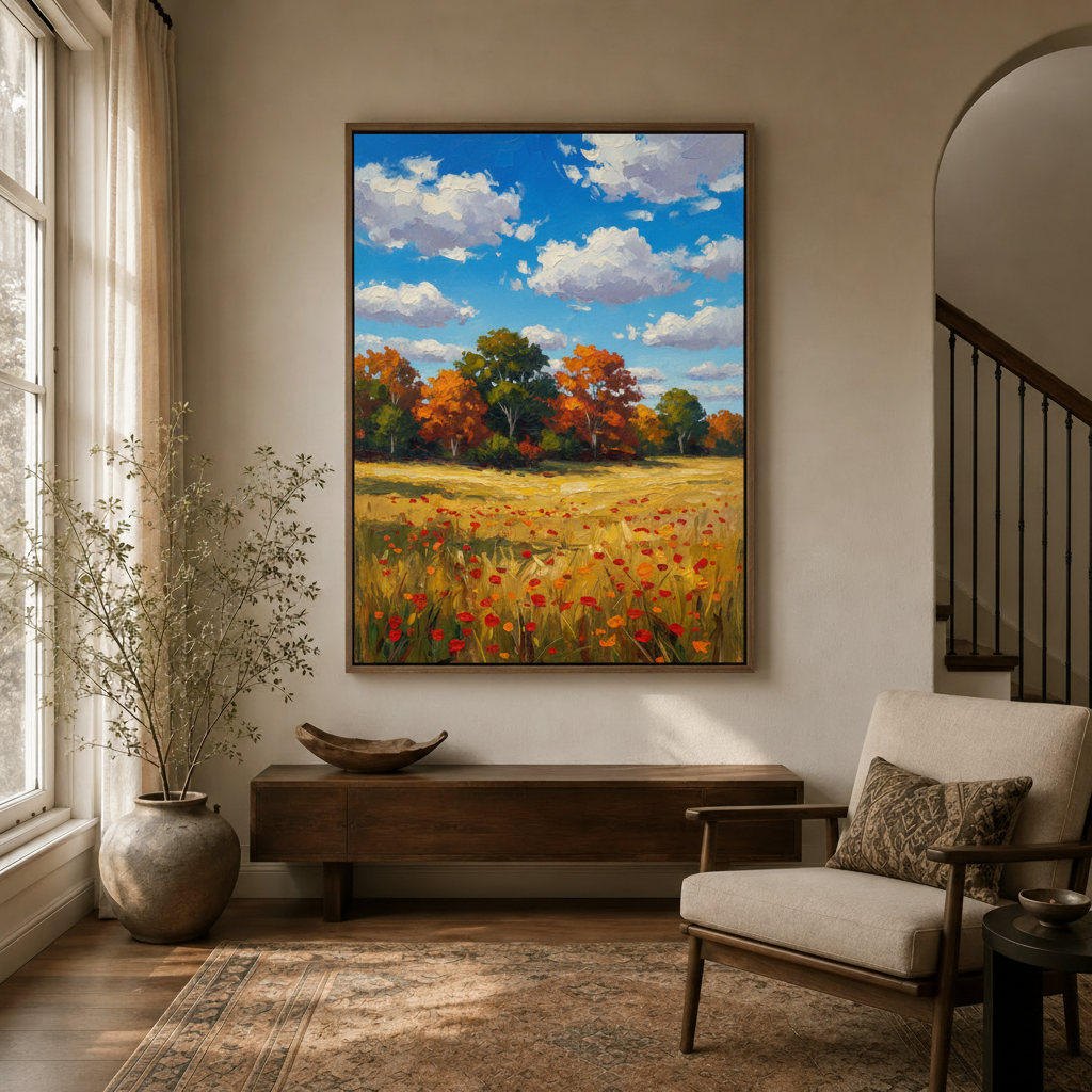 Large fall landscape painting in floating frame hung in a bright entryway with natural light