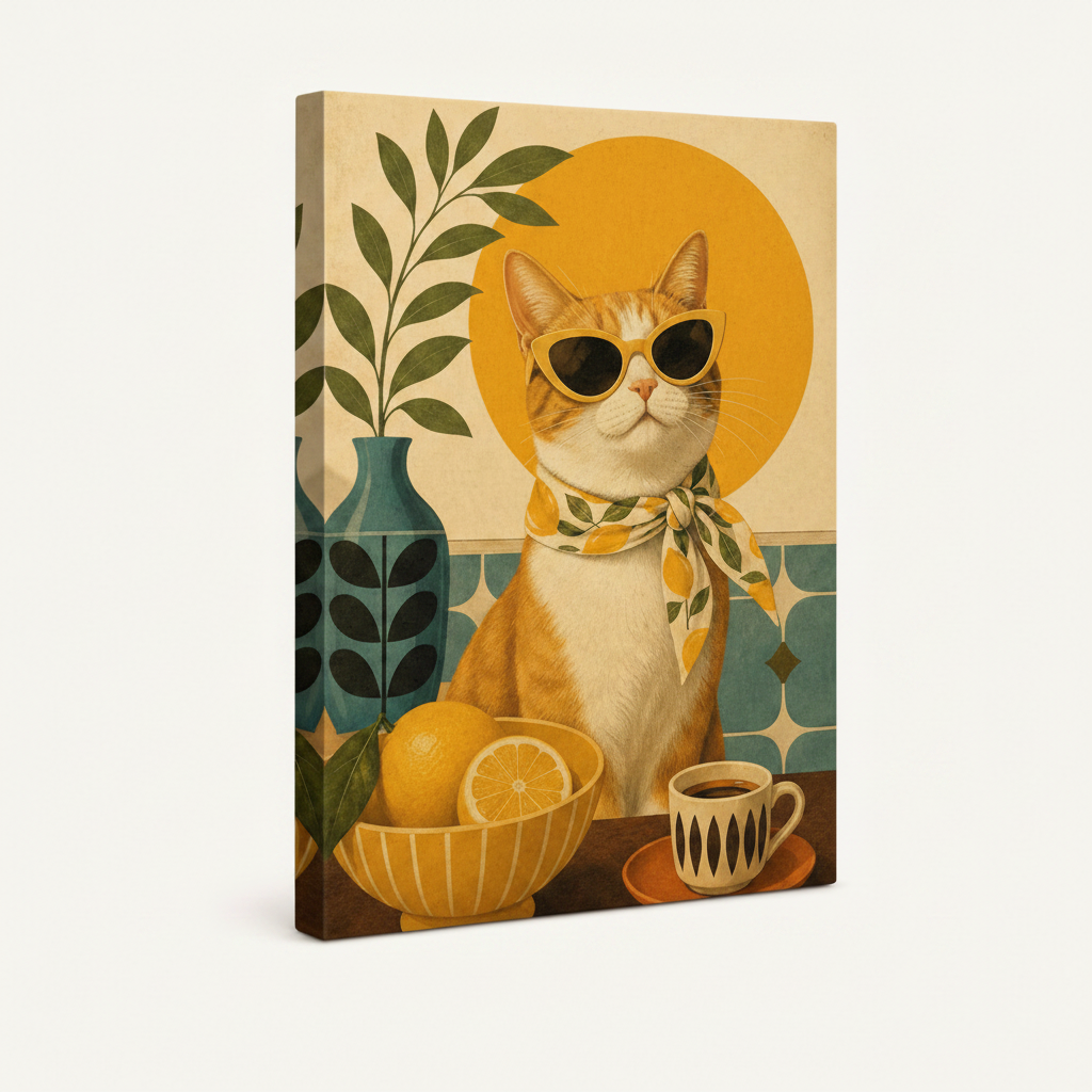 Gallery wrap stretched canvas of retro cat illustration on white background
