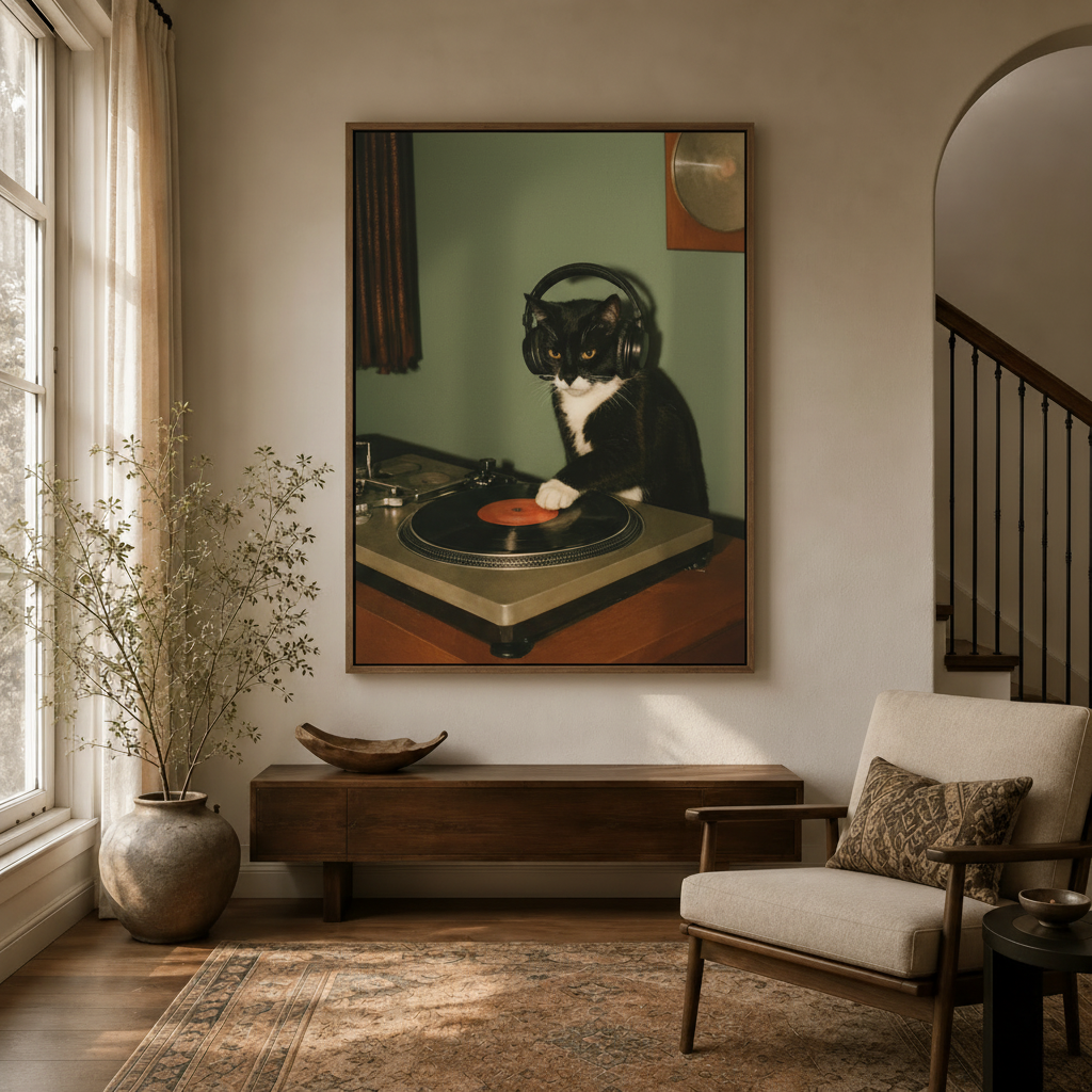  Tuxedo cat DJ canvas print in float frame displayed in bright entryway with arched doorway and dried branches