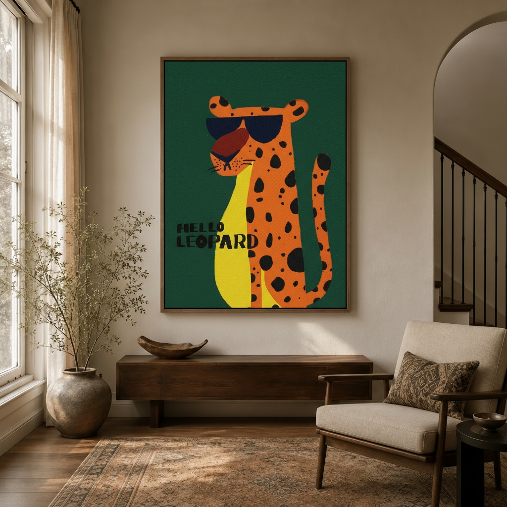 Bold orange leopard in sunglasses canvas art hanging in cozy entryway with arched doorway