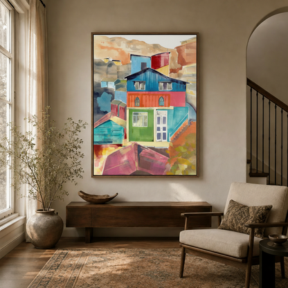 Vibrant stacked houses watercolor print in dark walnut float frame hung in modern entryway