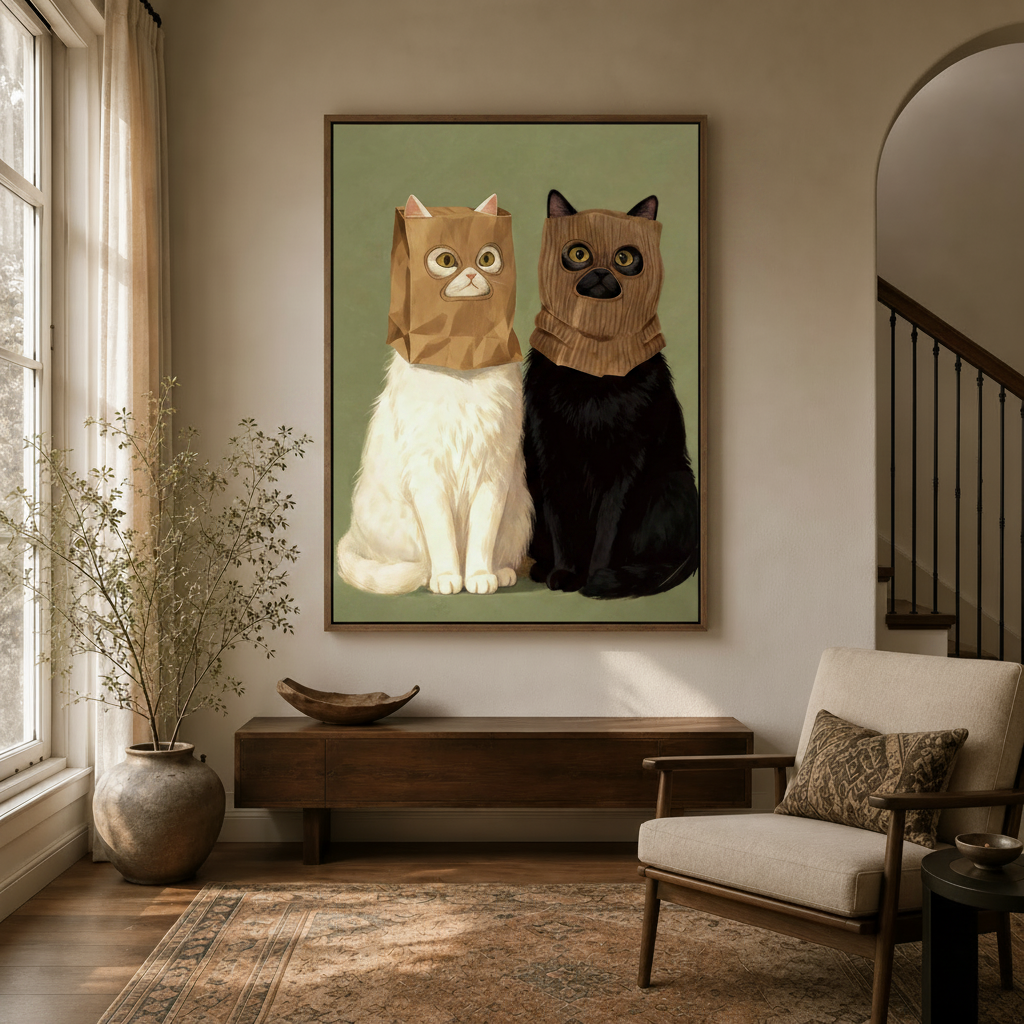 Funny cat portrait canvas print hanging in a bright entryway with arched doorway and console table
