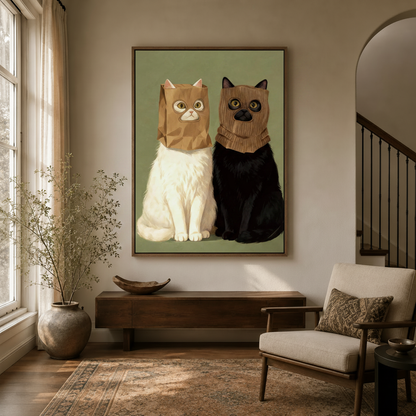 Funny cat portrait canvas print hanging in a bright entryway with arched doorway and console table