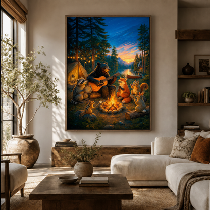 Forest animals campfire canvas wall art in living room – whimsical illustration with bear fox and rabbit around fire displayed above sofa by Aurewall