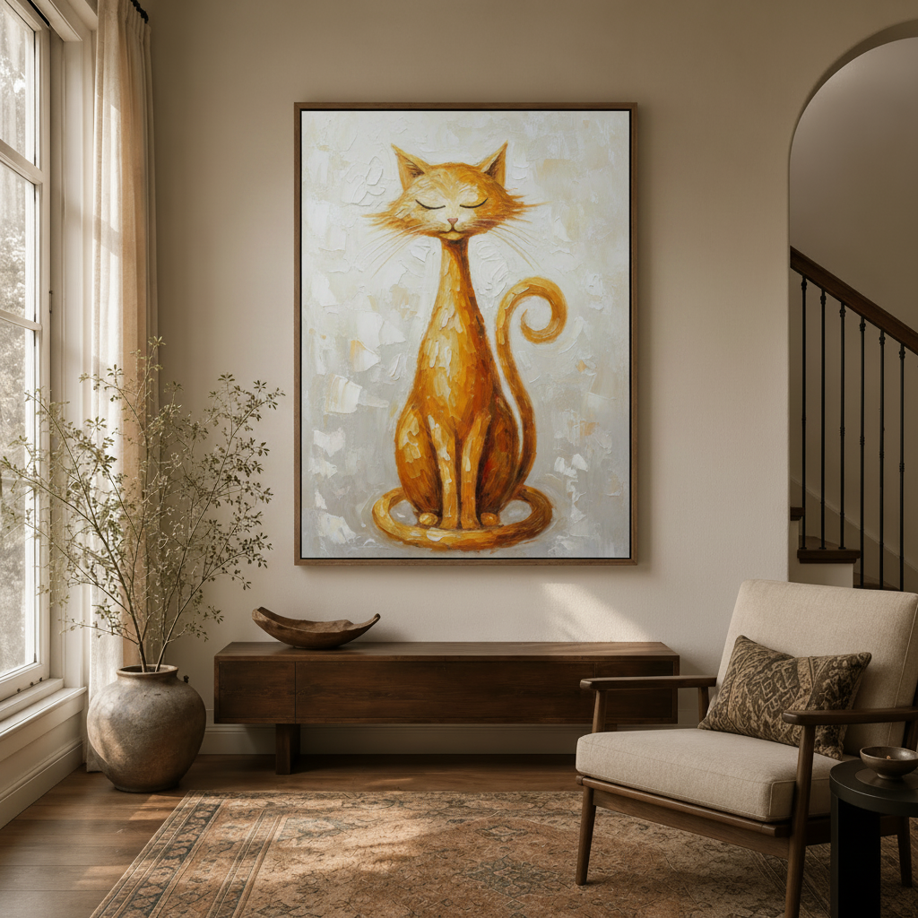 Golden tabby cat wall art hanging in a bright entryway beside a staircase and linen armchair