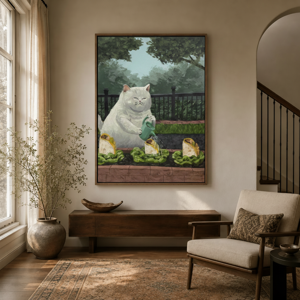 Funny white cat garden canvas hanging in a bright entryway with staircase and arched doorway