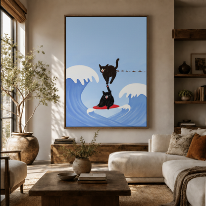 Surfing cat canvas wall art in living room – funny ocean illustration with black cat on red surfboard displayed above sofa by Aurewall