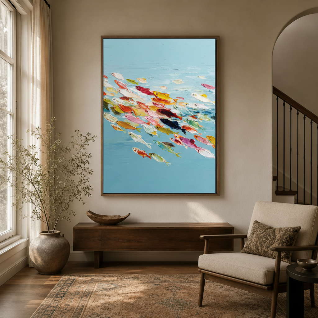 Framed vibrant fish painting with sky-blue background displayed in a bright entryway hallway