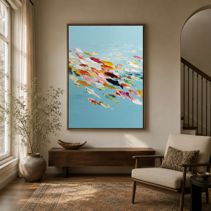 Framed vibrant fish painting with sky-blue background displayed in a bright entryway hallway