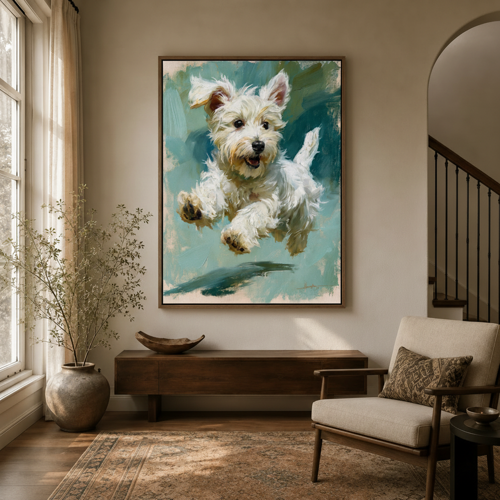 Leaping Westie puppy wall art in float frame displayed in a cozy entryway with dried branch decor