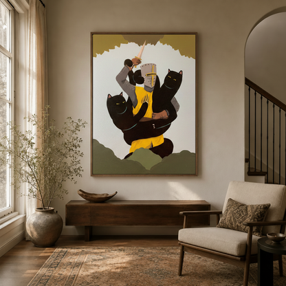 Fantasy knight with black cats canvas hanging in a bright entryway with staircase and arched doorway