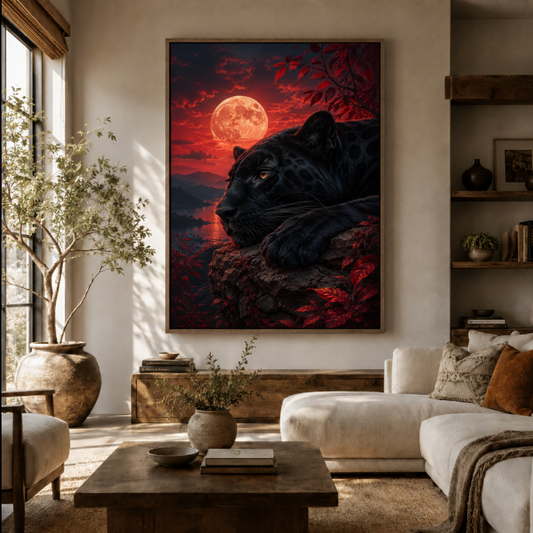 Black panther blood moon canvas wall art in living room – dramatic dark wildlife oil painting displayed above sofa by Aurewall