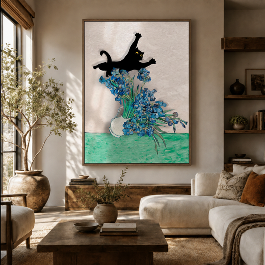 Black cat floral canvas wall art in living room – modern minimalist illustration with leaping cat and teal blooms displayed above sofa by Aurewall