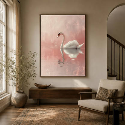 White swan framed canvas art hanging in elegant entryway beside dried branch arrangement and armchair