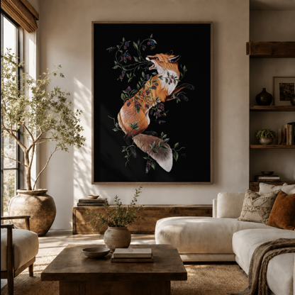 Leaping fox dark fantasy canvas wall art in living room – dramatic oil painting with red fox and scattered flowers on black background displayed as bold statement piece above sofa by Aurewall