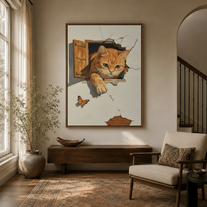 Orange tabby cat wall illusion painting hanging in neutral entryway with arched doorway