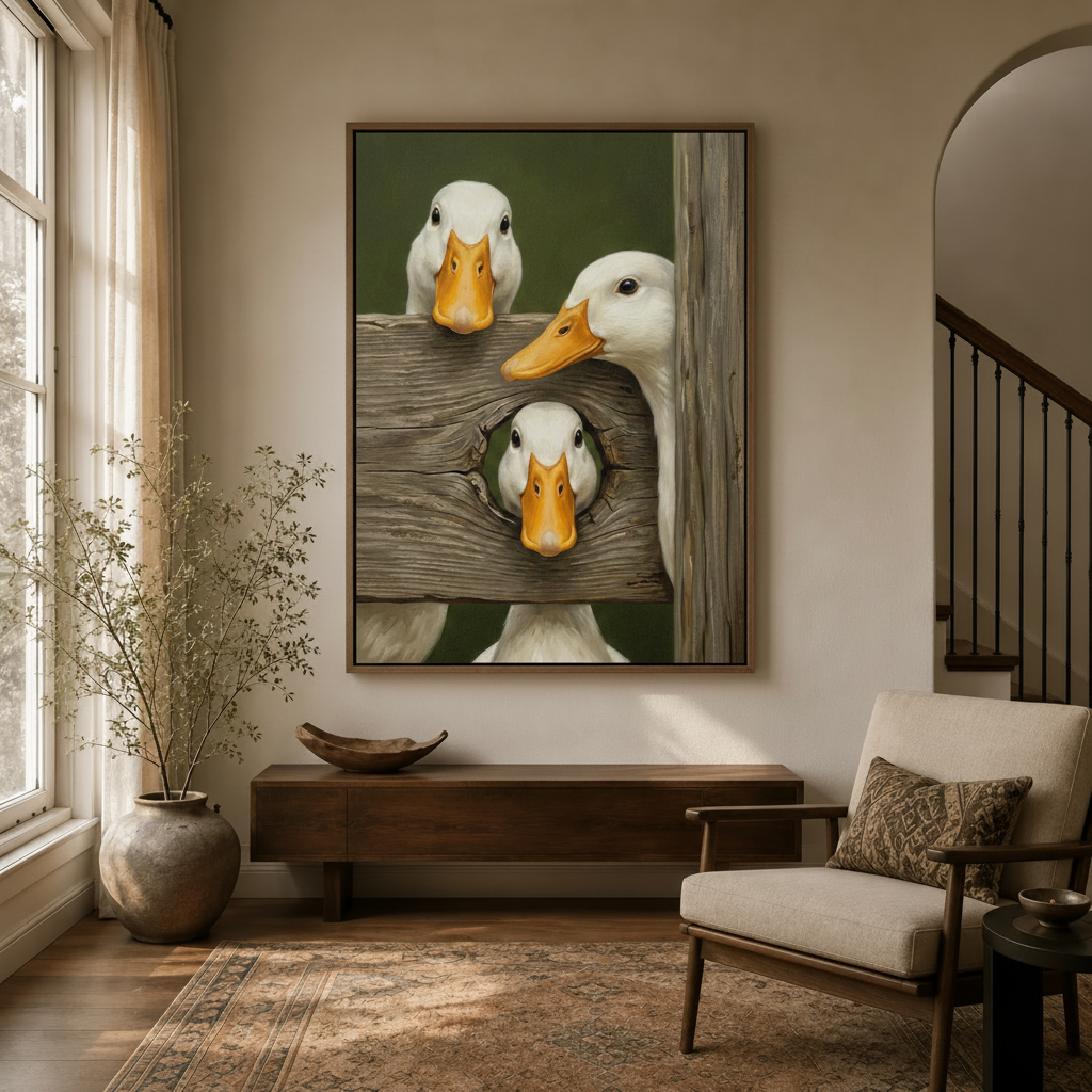 Three ducks peeking fence wall art in dark walnut float frame displayed in a bright modern entryway