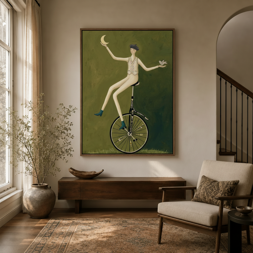 Folk art wall art of woman balancing moon and bird, hanging in cozy entryway with arched doorway