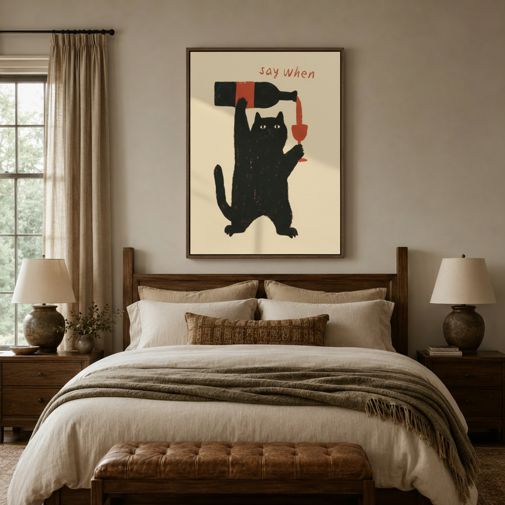 Funny black cat pouring red wine wall art above a rustic wooden bed in a cozy neutral bedroom